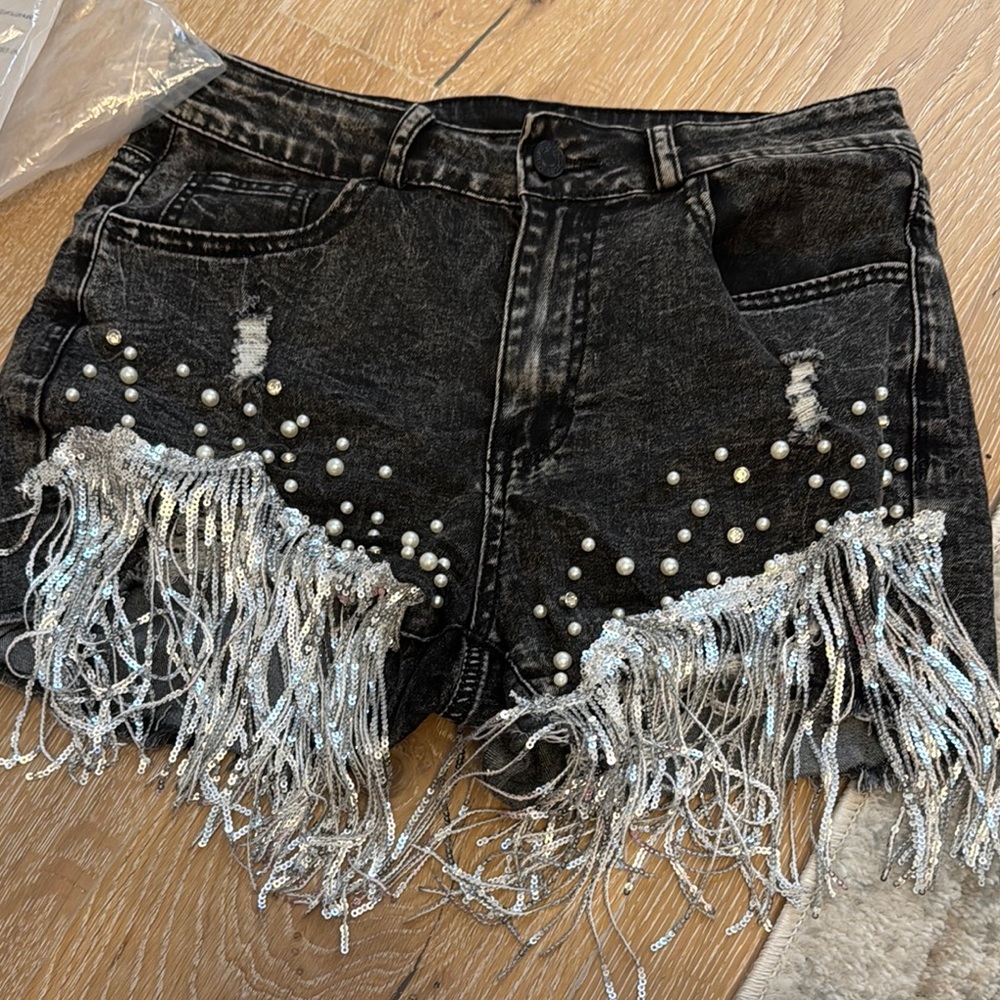 Black Denim Shorts with Fringe and Pearl Detail